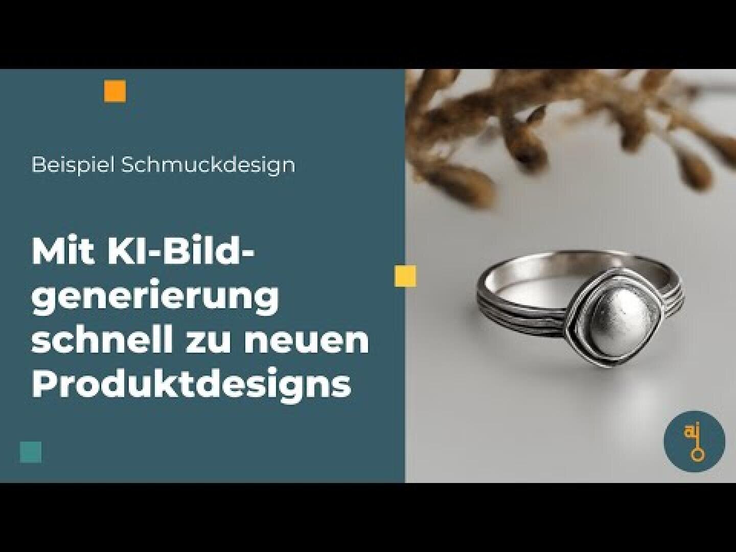 Ein Silberring mit ovaler Fassung ist auf einem dunklen Hintergrund abgebildet. Der deutsche Text auf der linken Seite lautet: "Mit KI-Bildgenerierung schnell zu neuen Produktdesigns" und wirbt für KI-generierte Schmuckdesigns.