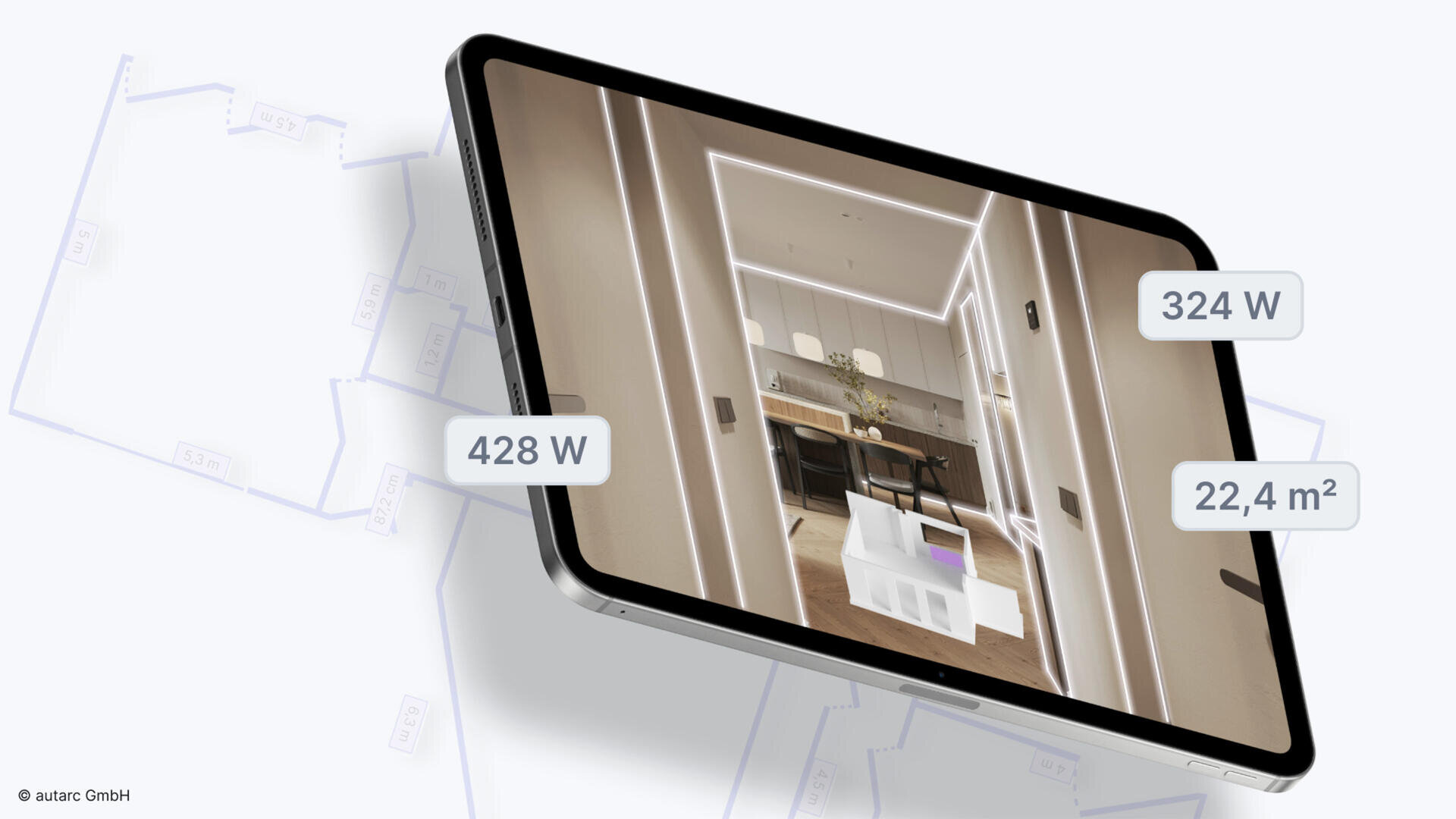 Ein Tablet zeigt eine Augmented-Reality-Ansicht einer modernen Küche mit weißen Umrissen, die Objekte markieren; Overlays zeigen 428 W, 324 W und 22,4 m² an, die den Energieverbrauch und die Flächenmaße angeben. Im Hintergrund erscheinen schwache Grundrisse.