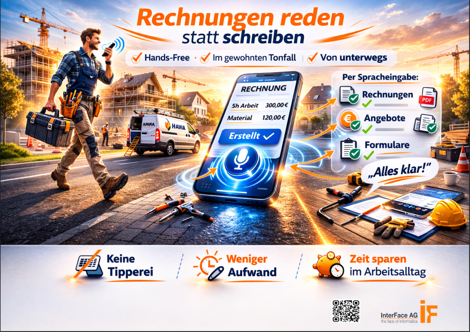 Ein Bauarbeiter verwendet Sprachbefehle auf einem Smartphone, um Rechnungen auf einer Baustelle zu erstellen. Symbole heben Funktionen wie Freihandnutzung, Zeitersparnis und keine Tipparbeit hervor. Werkzeuge und ein Bauhintergrund veranschaulichen eine Arbeitsumgebung.