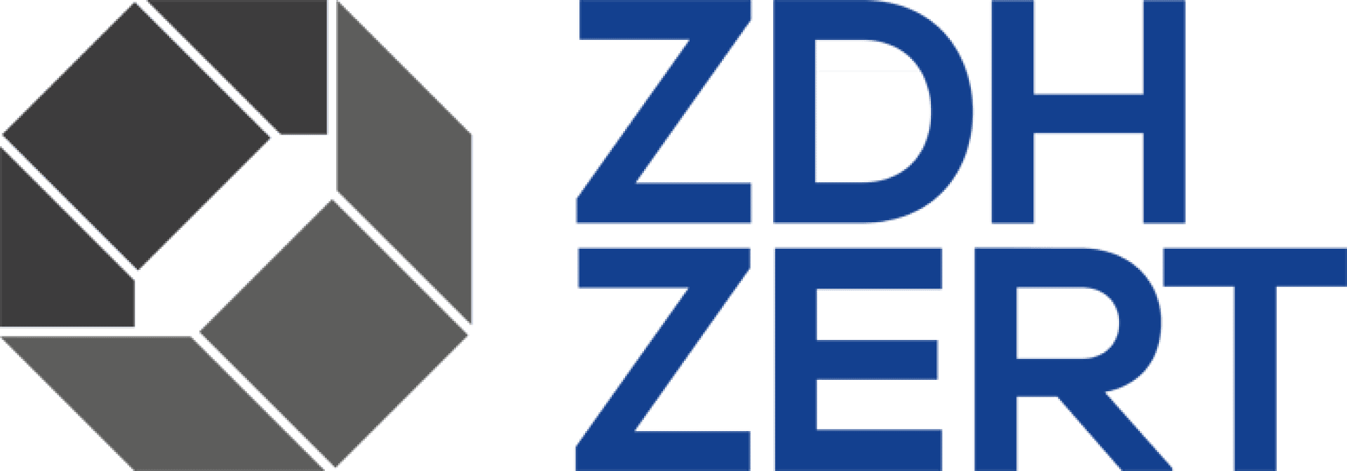 Logo mit einem geometrischen Sechseckmuster in dunklen und hellen Grautönen auf der linken Seite und dem fetten blauen Text ZDH ZERT auf der rechten Seite.