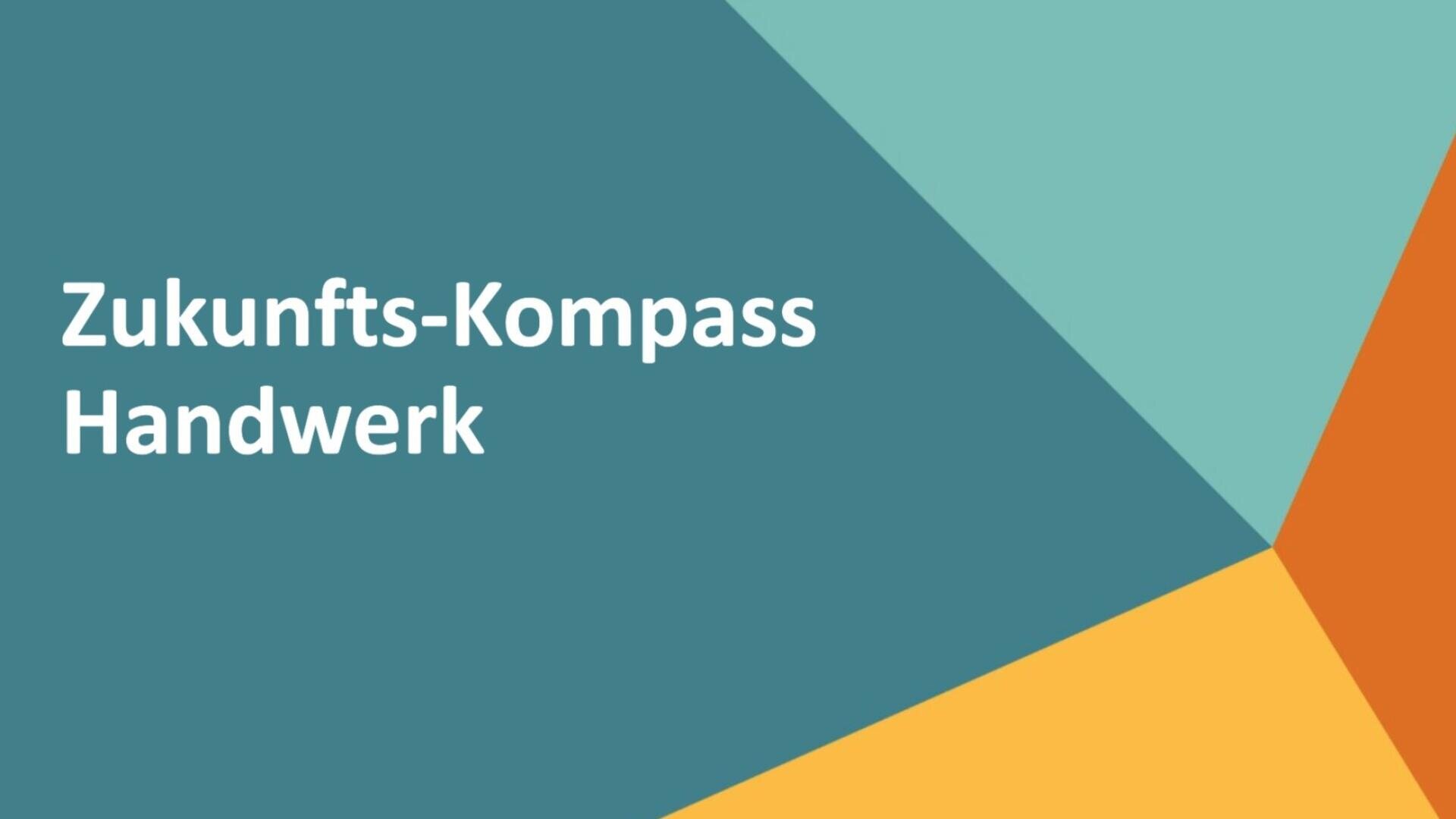 Text Zukunfts-Kompass Handwerk auf einem Hintergrund aus sich überlagernden geometrischen Formen in den Farben Teal, Orange, Gelb und Hellblau.