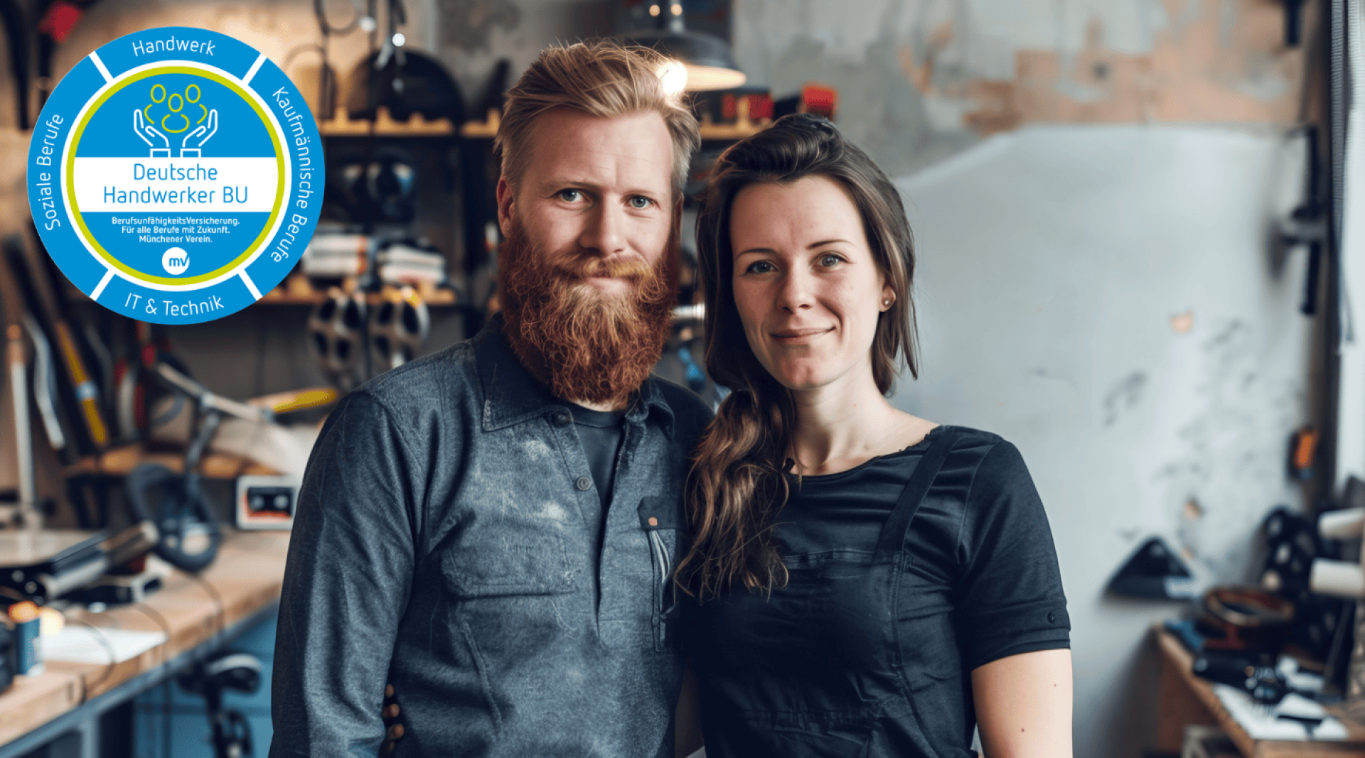 Ein Mann mit Bart und eine Frau stehen lächelnd in einer Werkstatt mit Werkzeugen in Regalen. In der oberen linken Ecke befindet sich ein blaues, kreisförmiges Abzeichen der Deutschen Handwerker BU.