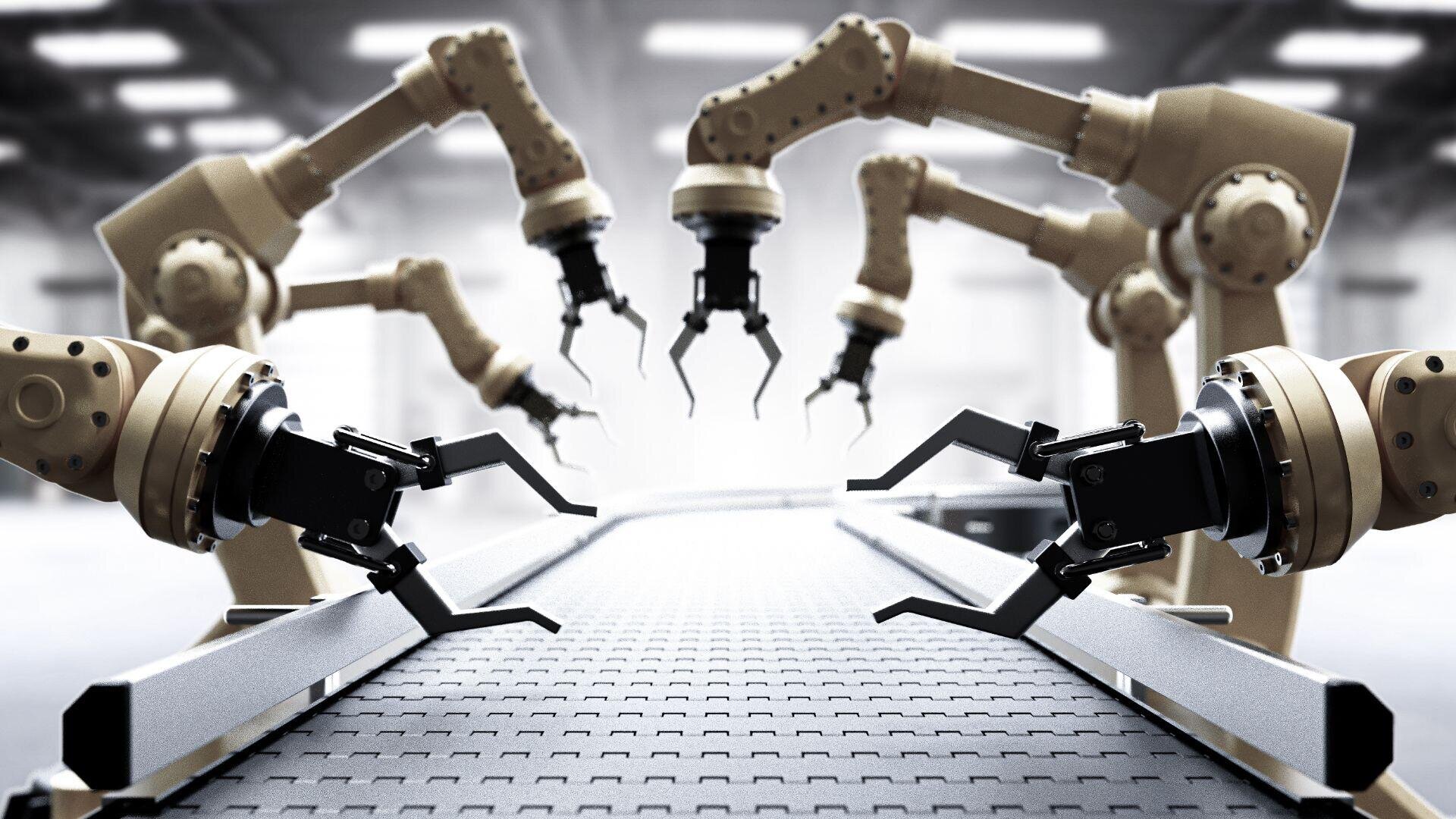 Sechs Roboterarme mit klauenartigen Greifern umgeben ein Förderband in einer modernen, hell erleuchteten Industrieumgebung und suggerieren damit eine automatisierte Fertigungs- oder Fließbandumgebung.