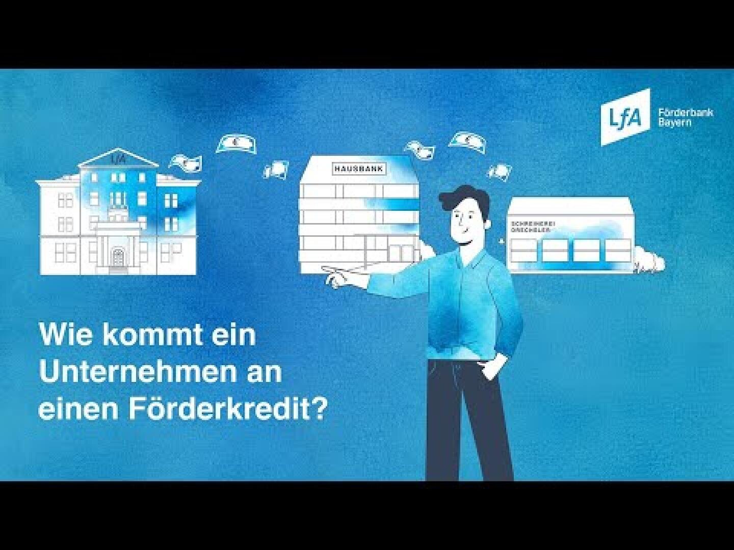 Illustration einer Person, die mit fliegendem Geld auf Banken zeigt, mit dem Text Wie kommt ein Unternehmen an einen Förderkredit? und dem Logo der LfA Förderbank Bayern.