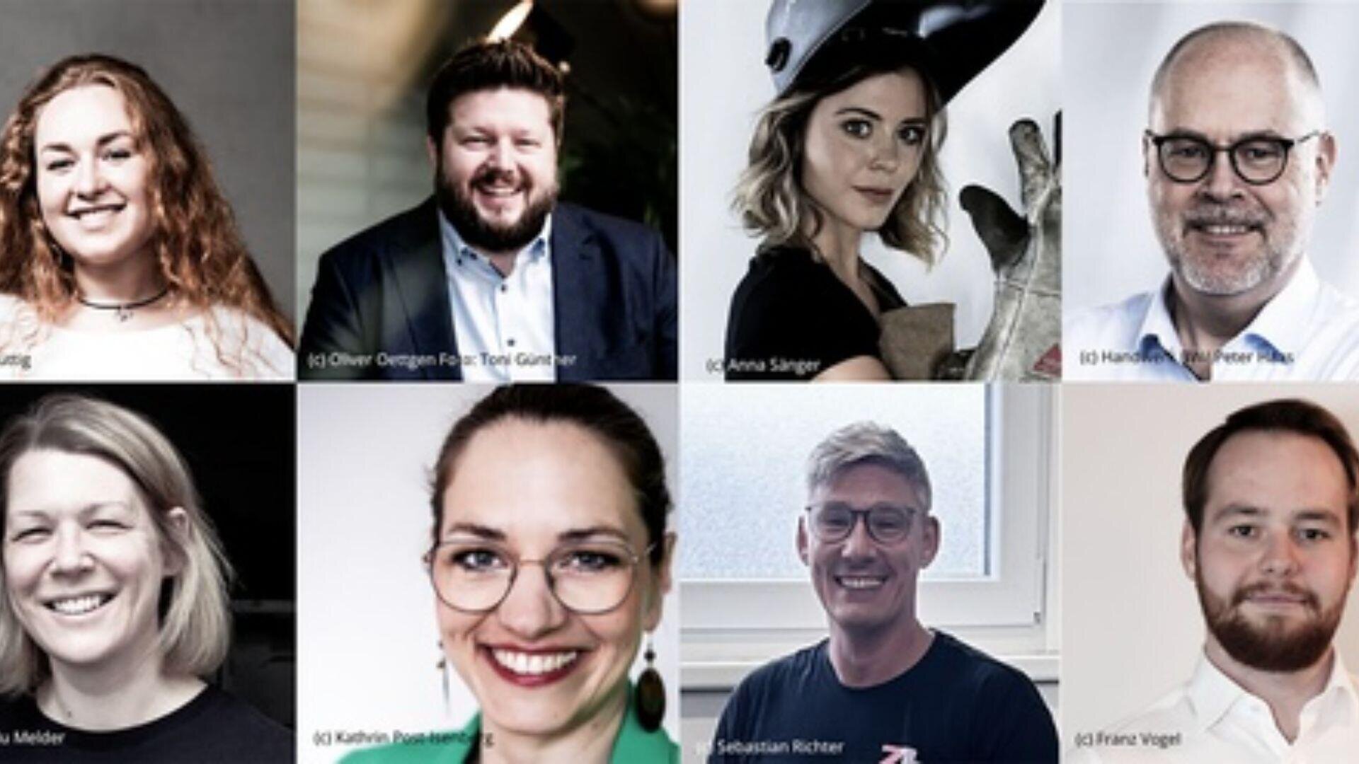 Eine Collage aus acht Personen, die in zwei Reihen angeordnet sind und jeweils lächeln oder für die Kamera posieren. Die Hintergründe variieren zwischen Studio- und Tageslichtbeleuchtung, und die meisten tragen Freizeit- oder Business-Casual-Kleidung.