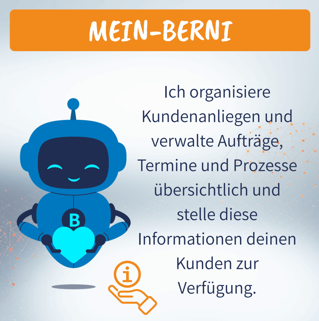 Ein lächelnder blauer Roboter mit einem Herz in der Hand steht neben einem deutschen Text, der seine Rolle bei der Organisation von Kundenanliegen, der Verwaltung von Aufträgen, Zeitplänen und Prozessen sowie der Bereitstellung von Informationen für Kunden beschreibt.